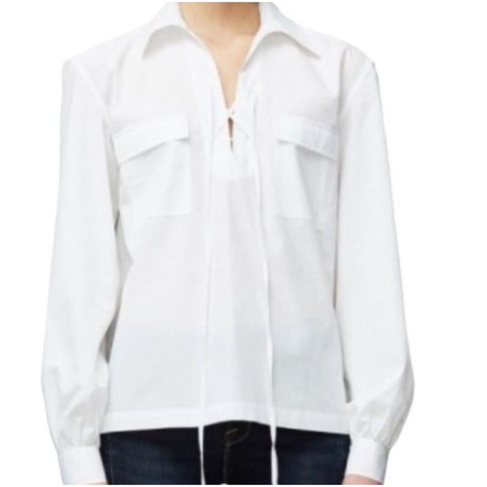 FRAME Utility Chest Pocket Lace Up Blouse Top White Cotton Long Sleeve, Sz S